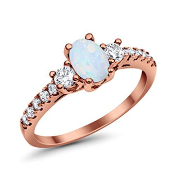 Oval Rose Tone, Lab Created White Opal Wedding Ring 925 Sterling Silver